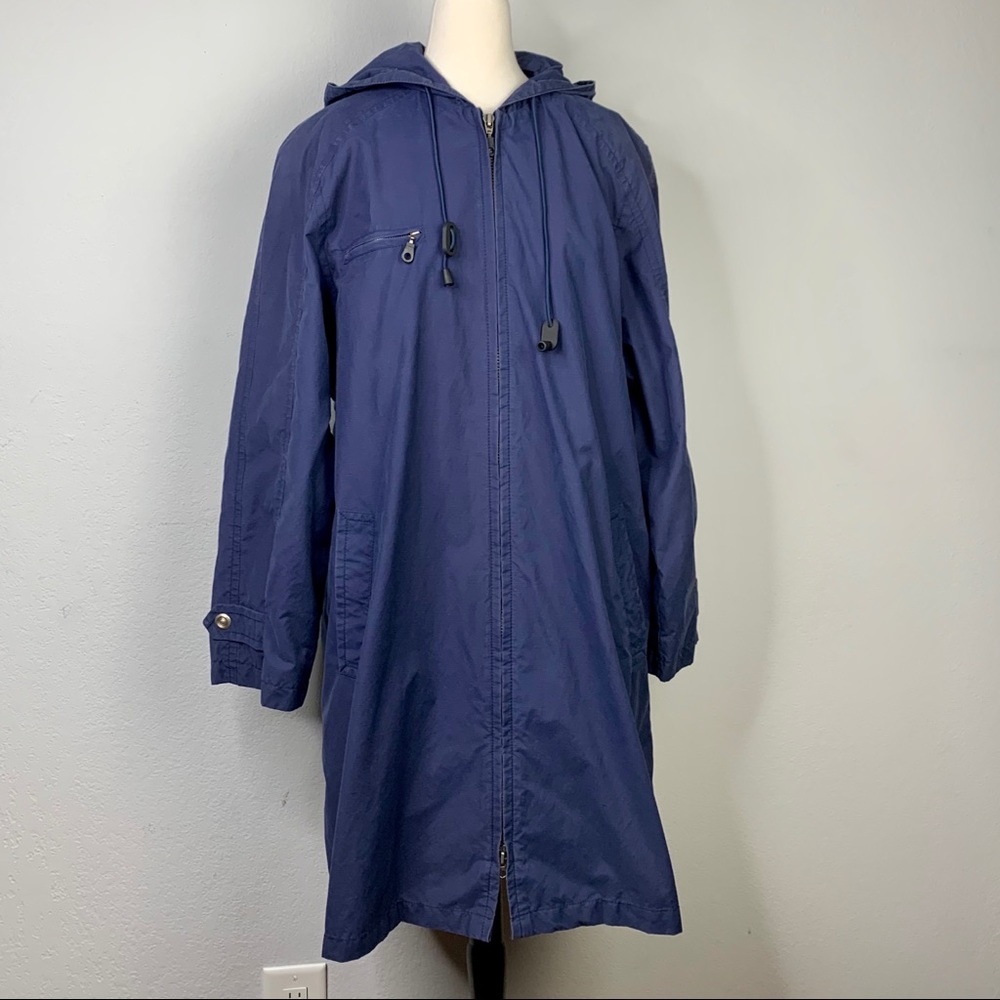 London Fog Long Navy Hooded Zip Front Rain Jacket
